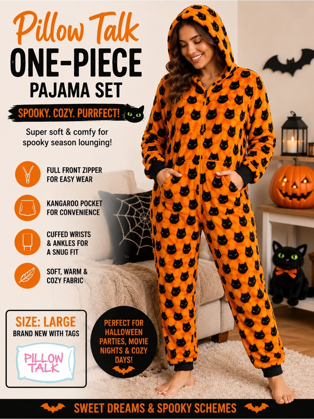 Women’s Orange Black Cat One-Piece Pajama